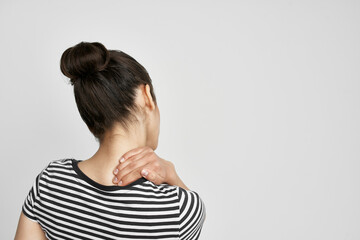 brunette headache painful syndrome discomfort light background