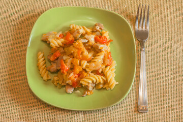 Stewed pasta with vegetables and meat