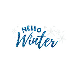 Hello Winter 2022. Brilliant glittering lettering with snowflakes on white background. Winter vector illustration.