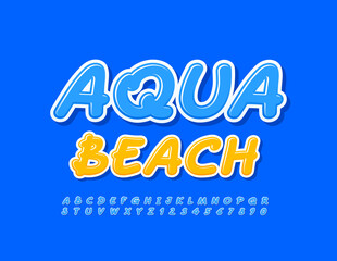 Vector colorful Logo Aqua Beach.  Handwritten Blue Font. Artistic Alphabet Letters and Numbers set