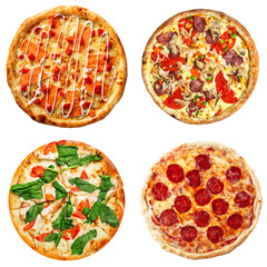 Set of different pizzas collage isolated on white background