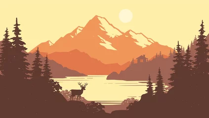 Foto op Plexiglas Vintage mountain lake autumn landscape with pine forest, hut and deer silhouette. Traveling and camping poster design. Sepia color scheme vintage flat illustration © VRTX