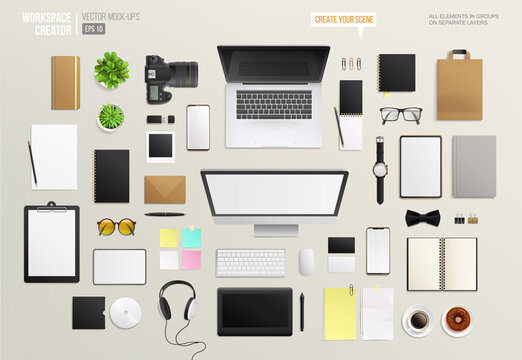 Top view work place desktop template with laptop and blank mockups stationery items collection. Editable Mock-up set of creative workspace background. Desktop equipment for a design or photo studio