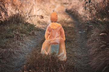 small child walks along road among tall autumn grass in a yellow hat and raincoat, rear view