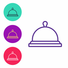 Set line Covered with a tray of food icon isolated on white background. Tray and lid sign. Restaurant cloche with lid. Set icons colorful. Vector