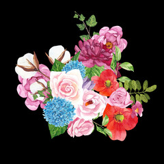 Garden flowers in pastel colors, watercolor. A resource for printing on paper or fabric, decorative background, floral pattern.