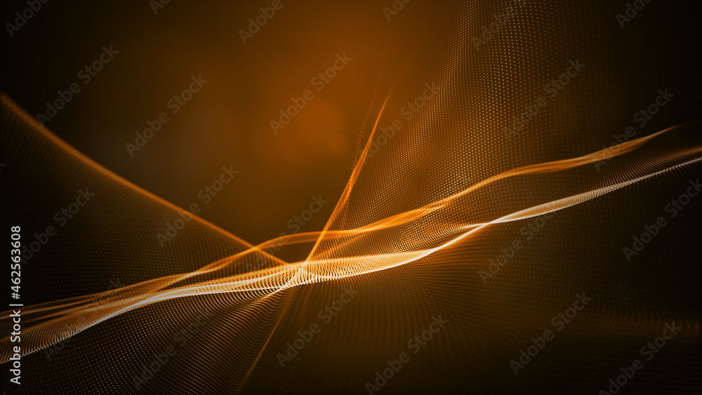 Poster digital particle wave and light yellow color abstract background, 3d rendering