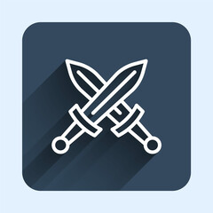 White line Crossed medieval sword icon isolated with long shadow background. Medieval weapon. Blue square button. Vector