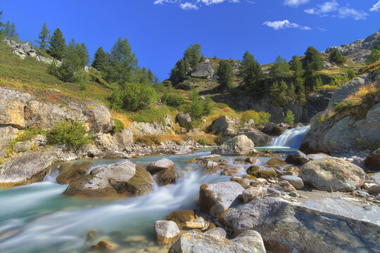 The Rutor stream flows impetuously and bubbling from the mountains above La Thuille