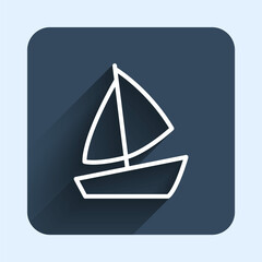 White line Yacht sailboat or sailing ship icon isolated with long shadow background. Sail boat marine cruise travel. Blue square button. Vector