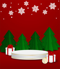Merry christmas theme product display podium. Design with christmas tree and product stand on red background. vector. illustration.