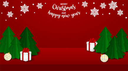 Merry christmas theme product display podium. Design with christmas tree and product stand on red background. vector. illustration.