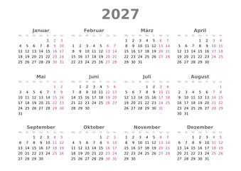 Kalender 2027, Querformat, Montag bis Sonntag