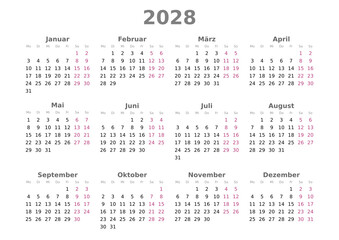 Kalender 2028, Querformat, Montag bis Sonntag