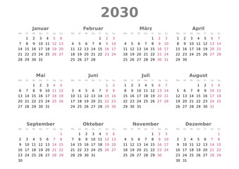 Kalender 2030, Querformat, Montag bis Sonntag
