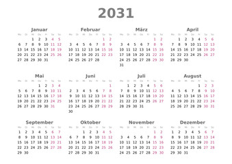 Kalender 2031, Querformat, Montag bis Sonntag