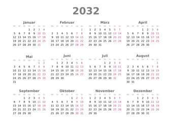 Kalender 2032, Querformat, Montag bis Sonntag