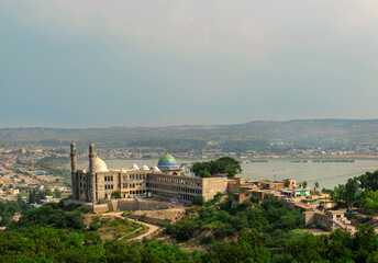 aerial view of a mosque with lake,  kallar kahar lake with mosque 