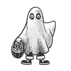 child in ghost Halloween costume sketch engraving vector illustration. T-shirt apparel print design. Scratch board imitation. Black and white hand drawn image.
