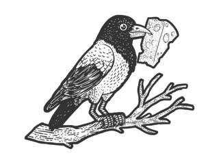 fable crow with cheese in its beak sketch engraving vector illustration. T-shirt apparel print design. Scratch board imitation. Black and white hand drawn image.