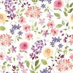 Gardinen Blumen Muster  Colorful floral seamless pattern with flowers and green leaves in rustic provence style, watercolor illustration on ivory background for textile, wallpaper or wrapping paper.  © Nikole