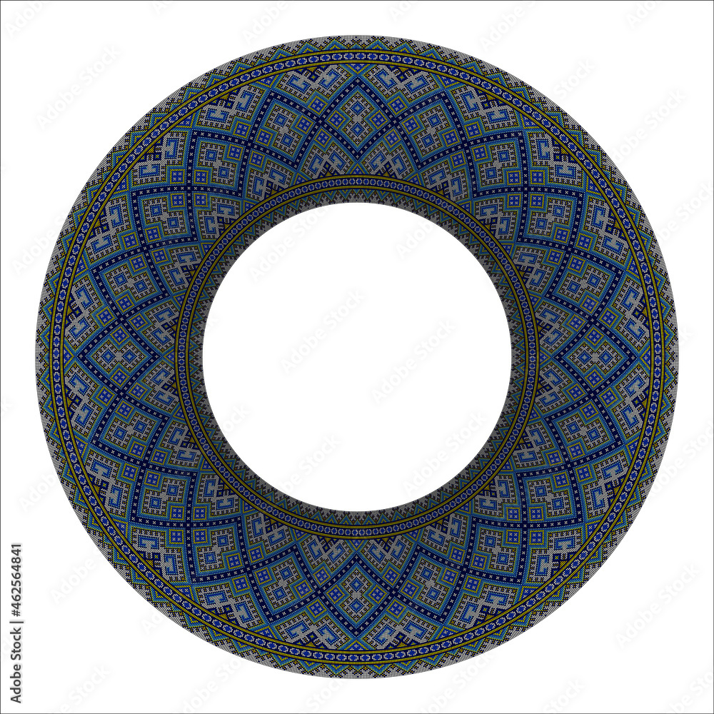 Poster Round frame with multicolored ethnic pattern on white isolated background