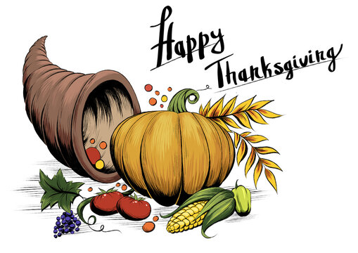Cornucopia. Horn of plenty with autumn harvest symbols. Hand-drawn card for Thanksgiving day in a sketch style. Isolated on white background.  illustration.