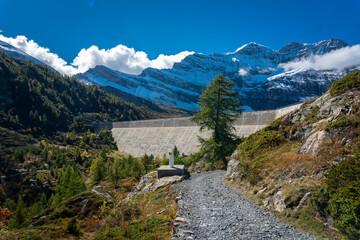 Fototapeta na wymiar Chemin qui descend au dessous d'un barrage, avec un arbre et une montagne enneigée.
