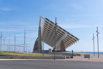 Photovoltaic pergola of the Forum Barcelona on a sunny day - obrazy, fototapety, plakaty