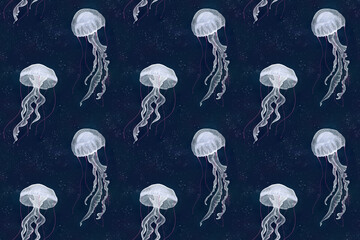 Seamless marine pattern. Blue background with white jellyfish. Ocean illustration. Hand drawing illustration. Suitable for printing fabric, wallpaper, paper, goods