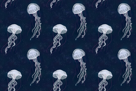Seamless marine pattern. Blue background with white jellyfish. Ocean illustration. Hand drawing illustration. Suitable for printing fabric, wallpaper, paper, goods