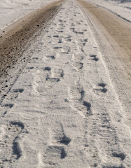 Footprints on freshly fallen snow.