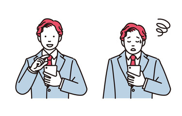 スマホを操作するまたはスマホを見てがっかりするビジネスマンのシンプルイラスト　2ポーズセット