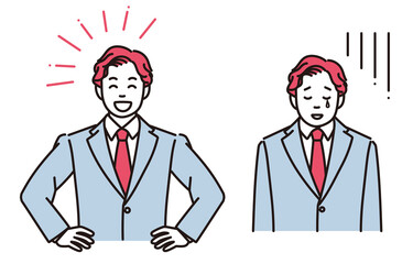 喜んでいるまたは落ち込んでいるビジネスマンのシンプルイラスト　2ポーズセット