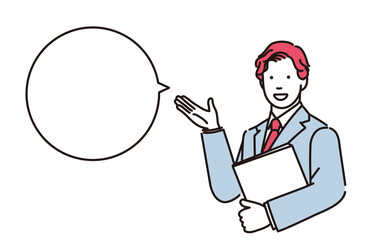 書類を脇に抱えて説明をするビジネスマンのシンプルイラスト