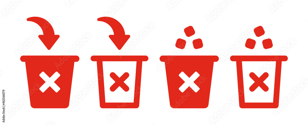 Poster trash can with cross icon. garbage can, rubbish and bin vector set.
