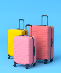 Colorful suitcase on blue background. 3D render of summer vacation concept