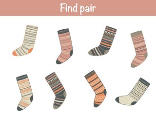 Find the same pictures - children educational game with cute cartoon socks. Vector illustration