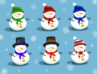 A set of snowmen wearing hats, scarves and festive tophats. Good for christmas advertisment banner, web design, interior, post card, video, game.