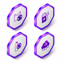 Set Isometric Shopping bag with recycle, Petrol or gas station, Recycling plastic bottle and Acid rain radioactive cloud icon. Purple hexagon button. Vector