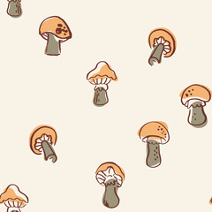 Seamless pattern with stylish hand drawn mushrooms. Creative autumn texture for fabric, wrapping, textile, wallpaper, apparel, print for kids children, restaurant, kitchen, canteen, eatery, cafeteria.