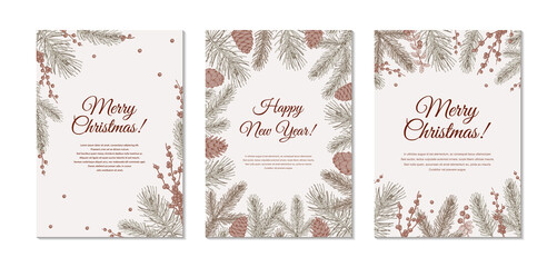 Set of vertical hand drawn Merry Christmas and Happy New Year greeting cards with Christmas tree branches, cones and holly berries. Vintage vector illustration