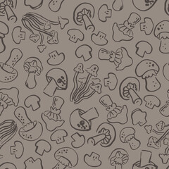 Seamless pattern with stylish hand drawn mushrooms. Creative autumn texture for fabric, wrapping, textile, wallpaper, apparel, print for kids children, restaurant, kitchen, canteen, eatery, cafeteria.