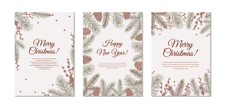 Set of vertical hand drawn Merry Christmas and Happy New Year greeting cards with Christmas tree branches, cones and holly berries. Vintage vector illustration