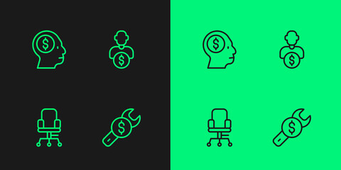 Set line Repair price, Office chair, Business man planning mind and investor icon. Vector