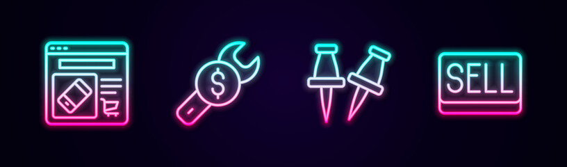 Set line Online shopping on screen, Repair price, Push and Sell button. Glowing neon icon. Vector