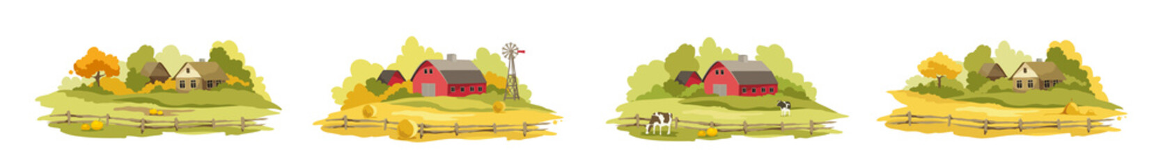 Set of village landscapes. Vector illustration, fields and meadows, autumn and harvest time.  © imagination13