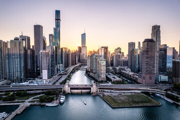 Aerial view of Chicago River and city skyline at sunset, Chicago, Illinois, USA