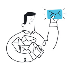 Delivery of the letter. Happy businessman or manager holding closed letter in his hand. E-mail marketing, correspondence, newsletters. Simple style with editable stroke.