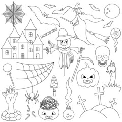 Halloween. Sketch. Set of vector illustrations. Collection of festive mystical elements. Pumpkin, witch, scarecrow, skull, crosses, graves. Doodle style. Coloring book for children.  - obrazy, fototapety, plakaty